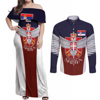 Serbia Couples Matching Off Shoulder Maxi Dress and Long Sleeve Button Shirt Double Headed Eage Emblem Sporty - Wonder Print Shop