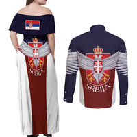 Serbia Couples Matching Off Shoulder Maxi Dress and Long Sleeve Button Shirt Double Headed Eage Emblem Sporty - Wonder Print Shop