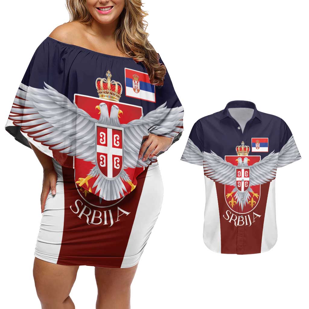 Serbia Couples Matching Off Shoulder Short Dress and Hawaiian Shirt Double Headed Eage Emblem Sporty - Wonder Print Shop