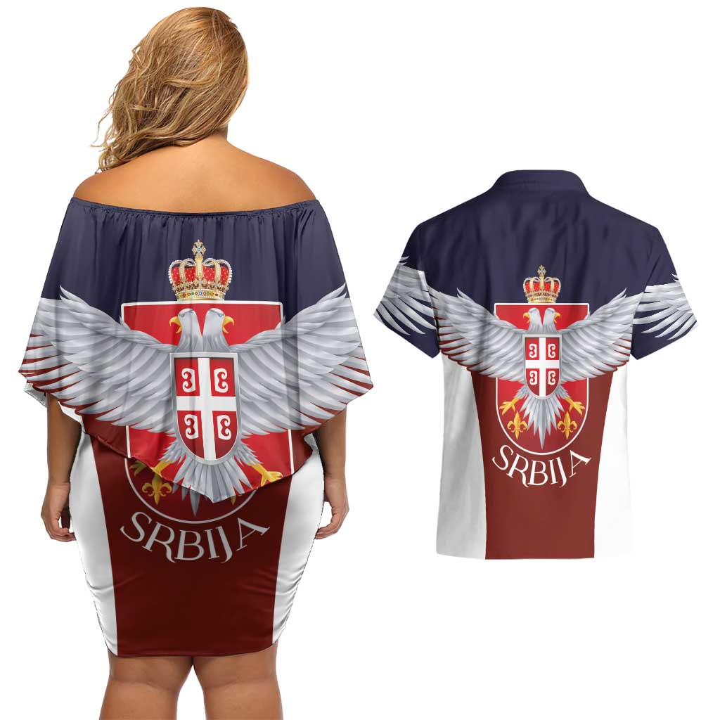 Serbia Couples Matching Off Shoulder Short Dress and Hawaiian Shirt Double Headed Eage Emblem Sporty - Wonder Print Shop
