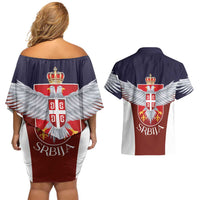 Serbia Couples Matching Off Shoulder Short Dress and Hawaiian Shirt Double Headed Eage Emblem Sporty - Wonder Print Shop