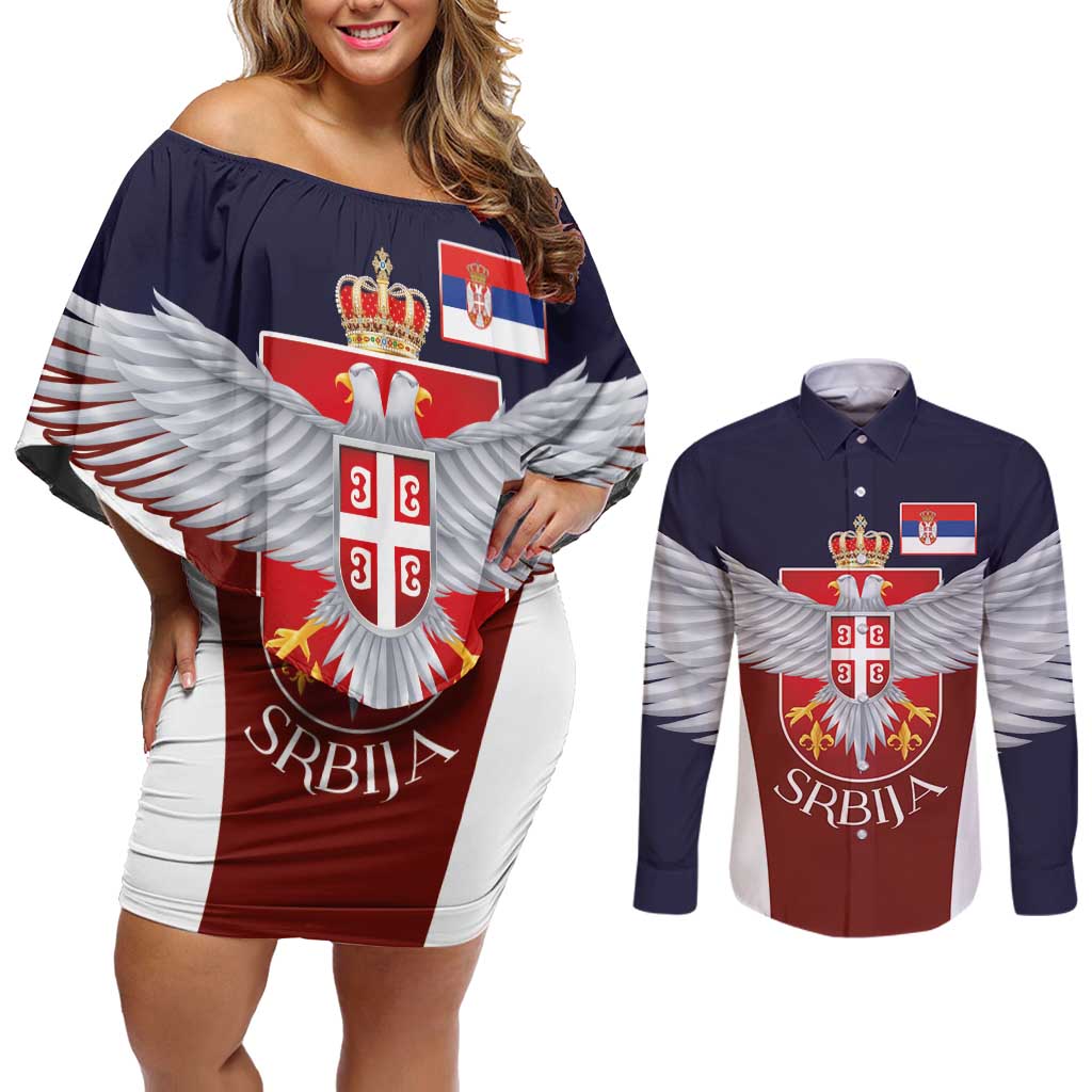 Serbia Couples Matching Off Shoulder Short Dress and Long Sleeve Button Shirt Double Headed Eage Emblem Sporty - Wonder Print Shop