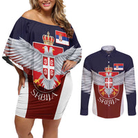 Serbia Couples Matching Off Shoulder Short Dress and Long Sleeve Button Shirt Double Headed Eage Emblem Sporty - Wonder Print Shop