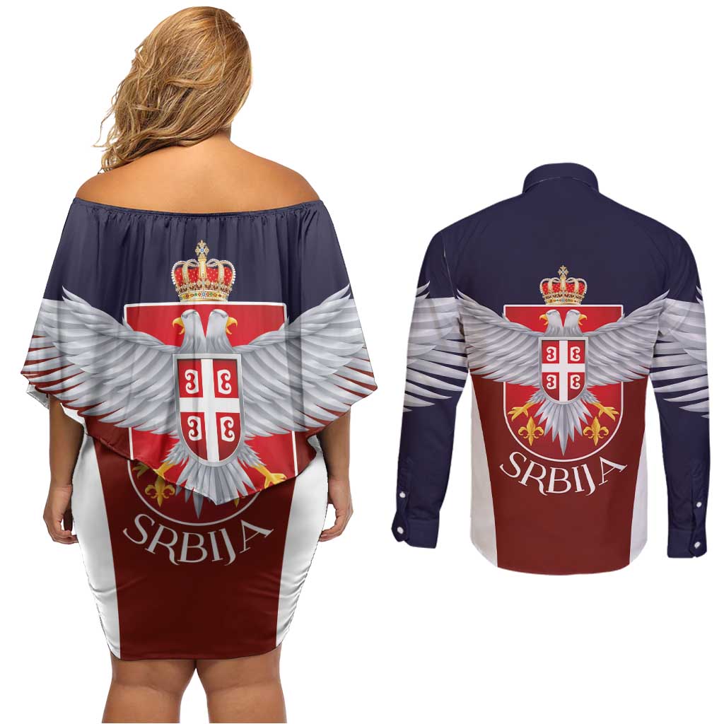 Serbia Couples Matching Off Shoulder Short Dress and Long Sleeve Button Shirt Double Headed Eage Emblem Sporty - Wonder Print Shop