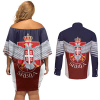 Serbia Couples Matching Off Shoulder Short Dress and Long Sleeve Button Shirt Double Headed Eage Emblem Sporty - Wonder Print Shop