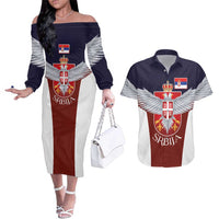 Serbia Couples Matching Off The Shoulder Long Sleeve Dress and Hawaiian Shirt Double Headed Eage Emblem Sporty - Wonder Print Shop