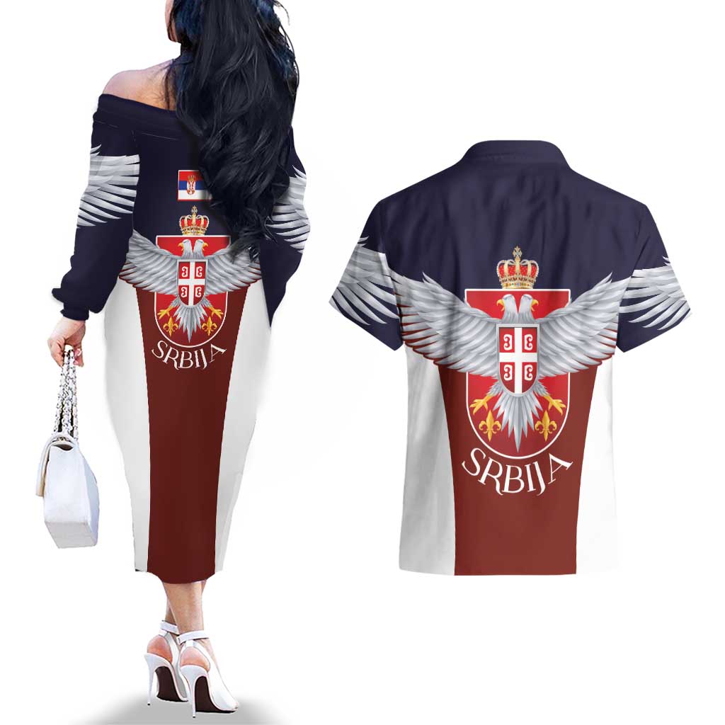 Serbia Couples Matching Off The Shoulder Long Sleeve Dress and Hawaiian Shirt Double Headed Eage Emblem Sporty - Wonder Print Shop