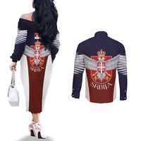 Serbia Couples Matching Off The Shoulder Long Sleeve Dress and Long Sleeve Button Shirt Double Headed Eage Emblem Sporty - Wonder Print Shop