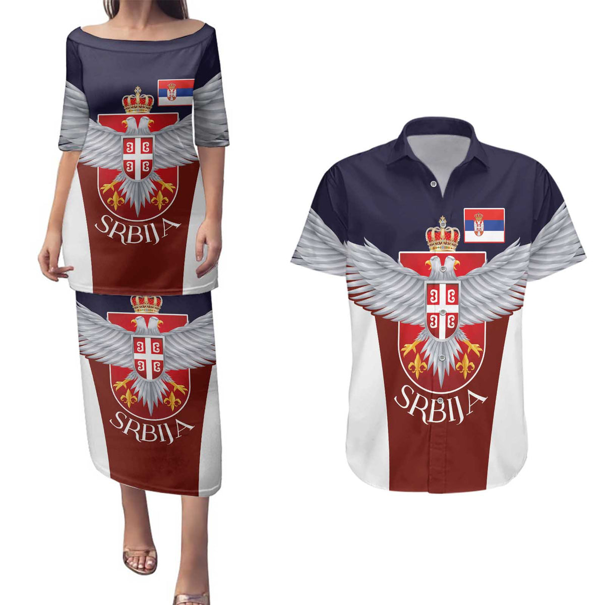 Serbia Couples Matching Puletasi and Hawaiian Shirt Double Headed Eage Emblem Sporty - Wonder Print Shop