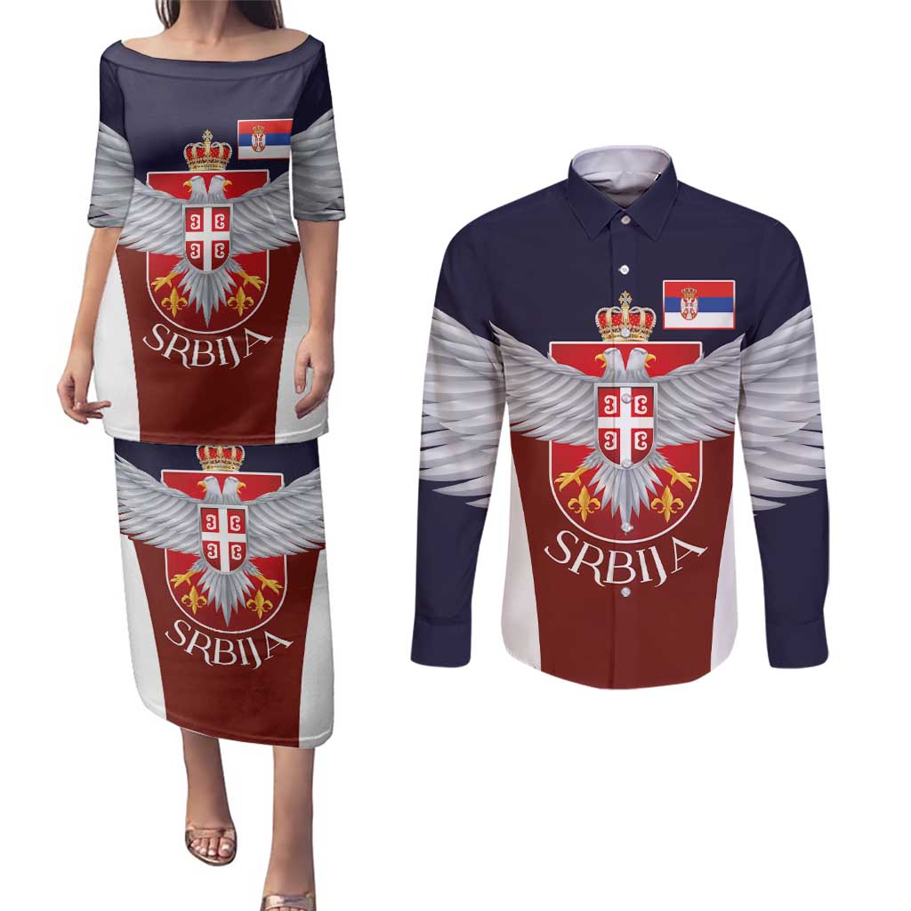 Serbia Couples Matching Puletasi and Long Sleeve Button Shirt Double Headed Eage Emblem Sporty - Wonder Print Shop