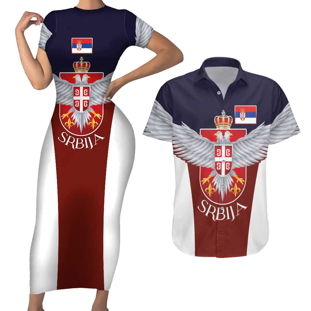 Serbia Couples Matching Short Sleeve Bodycon Dress and Hawaiian Shirt Double Headed Eage Emblem Sporty - Wonder Print Shop