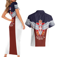 Serbia Couples Matching Short Sleeve Bodycon Dress and Hawaiian Shirt Double Headed Eage Emblem Sporty - Wonder Print Shop