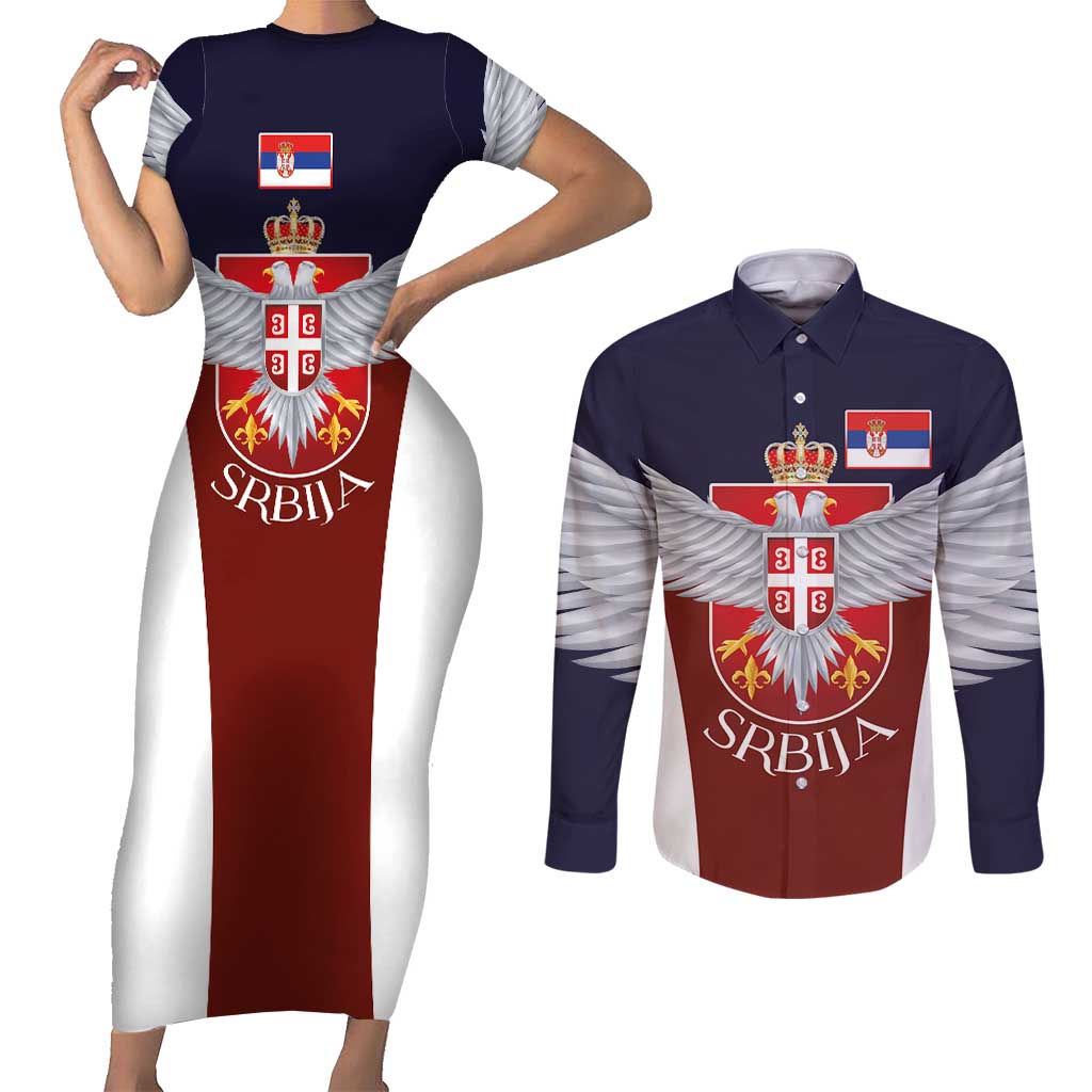 Serbia Couples Matching Short Sleeve Bodycon Dress and Long Sleeve Button Shirt Double Headed Eage Emblem Sporty - Wonder Print Shop