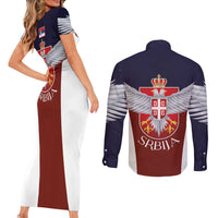 Serbia Couples Matching Short Sleeve Bodycon Dress and Long Sleeve Button Shirt Double Headed Eage Emblem Sporty - Wonder Print Shop