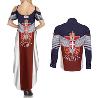 Serbia Couples Matching Summer Maxi Dress and Long Sleeve Button Shirt Double Headed Eage Emblem Sporty - Wonder Print Shop