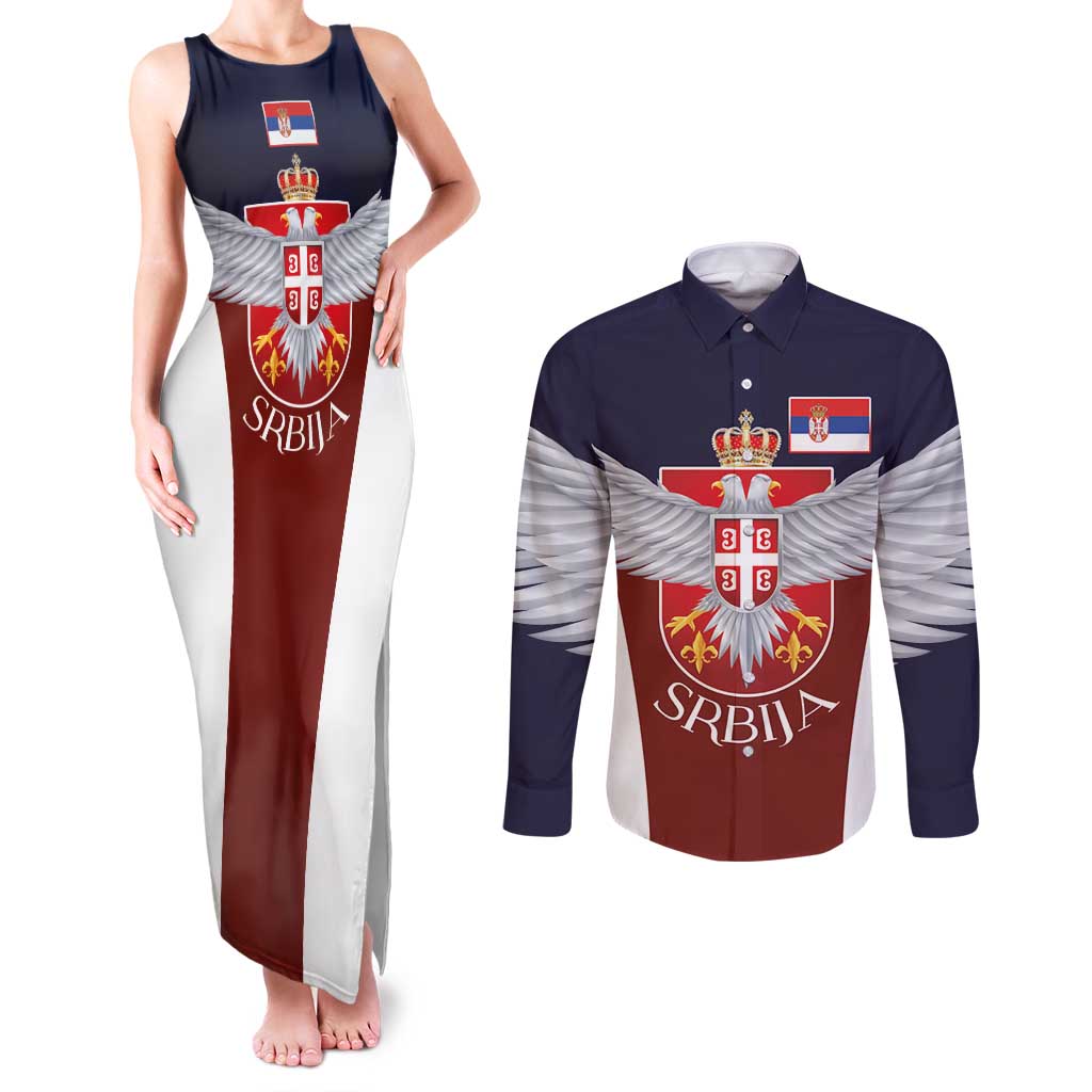 Serbia Couples Matching Tank Maxi Dress and Long Sleeve Button Shirt Double Headed Eage Emblem Sporty - Wonder Print Shop