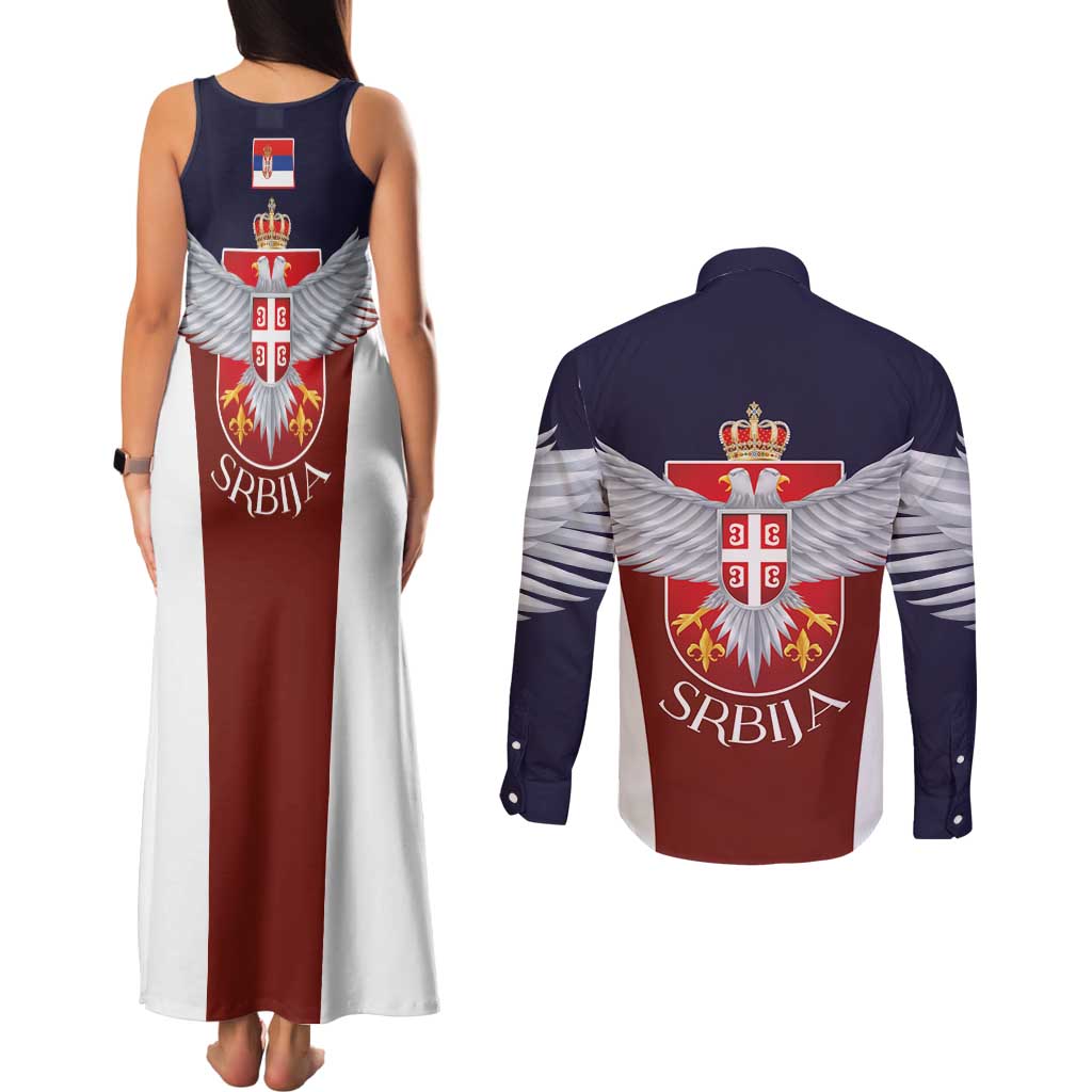Serbia Couples Matching Tank Maxi Dress and Long Sleeve Button Shirt Double Headed Eage Emblem Sporty - Wonder Print Shop