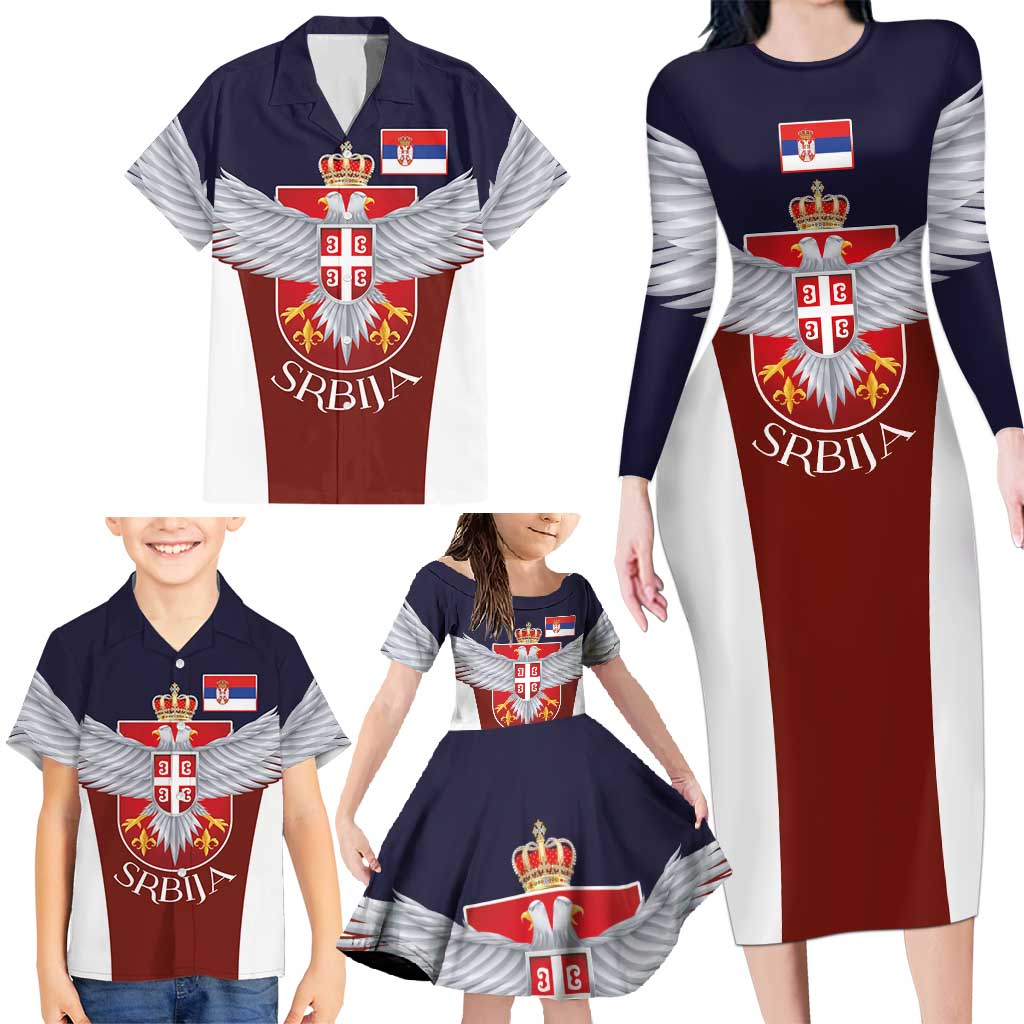 Serbia Family Matching Long Sleeve Bodycon Dress and Hawaiian Shirt Double Headed Eage Emblem Sporty - Wonder Print Shop