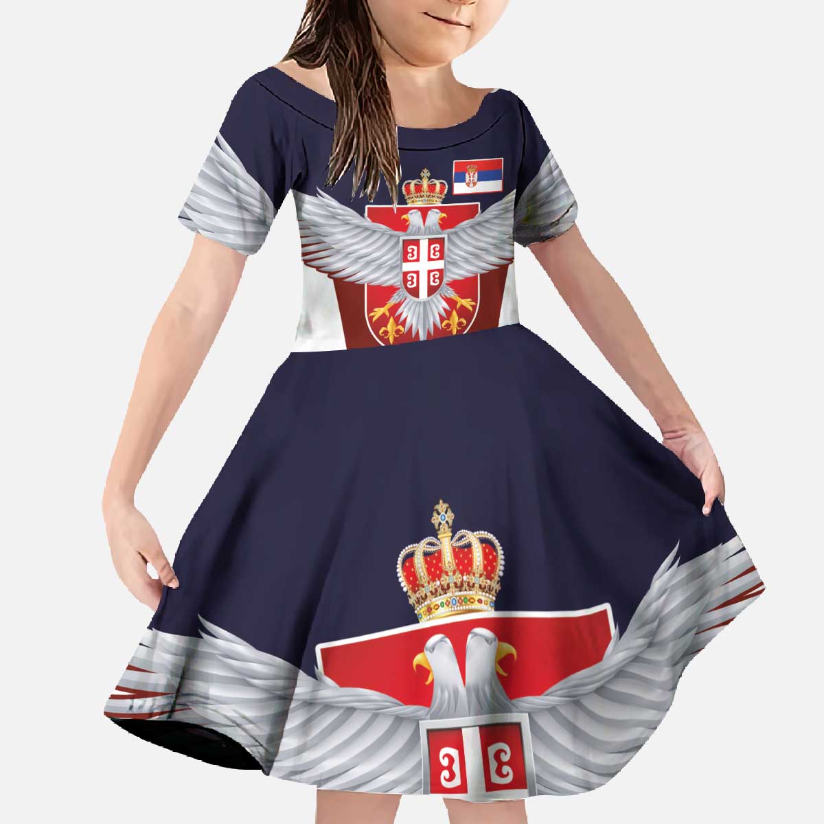 Serbia Family Matching Off The Shoulder Long Sleeve Dress and Hawaiian Shirt Double Headed Eage Emblem Sporty - Wonder Print Shop