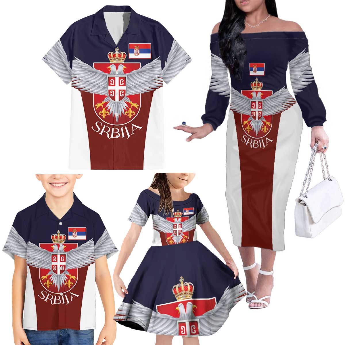 Serbia Family Matching Off The Shoulder Long Sleeve Dress and Hawaiian Shirt Double Headed Eage Emblem Sporty - Wonder Print Shop