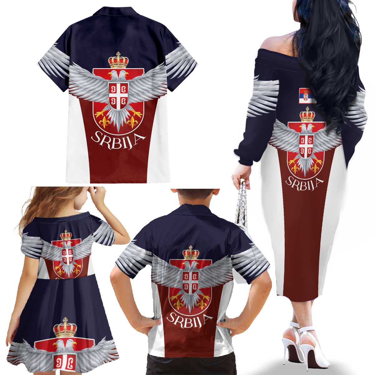 Serbia Family Matching Off The Shoulder Long Sleeve Dress and Hawaiian Shirt Double Headed Eage Emblem Sporty - Wonder Print Shop