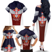 Serbia Family Matching Off The Shoulder Long Sleeve Dress and Hawaiian Shirt Double Headed Eage Emblem Sporty - Wonder Print Shop