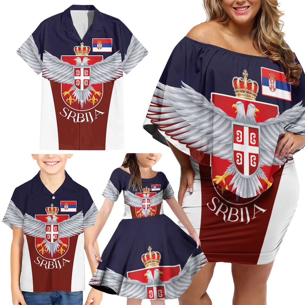 Serbia Family Matching Off Shoulder Short Dress and Hawaiian Shirt Double Headed Eage Emblem Sporty - Wonder Print Shop