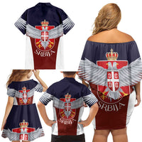 Serbia Family Matching Off Shoulder Short Dress and Hawaiian Shirt Double Headed Eage Emblem Sporty - Wonder Print Shop