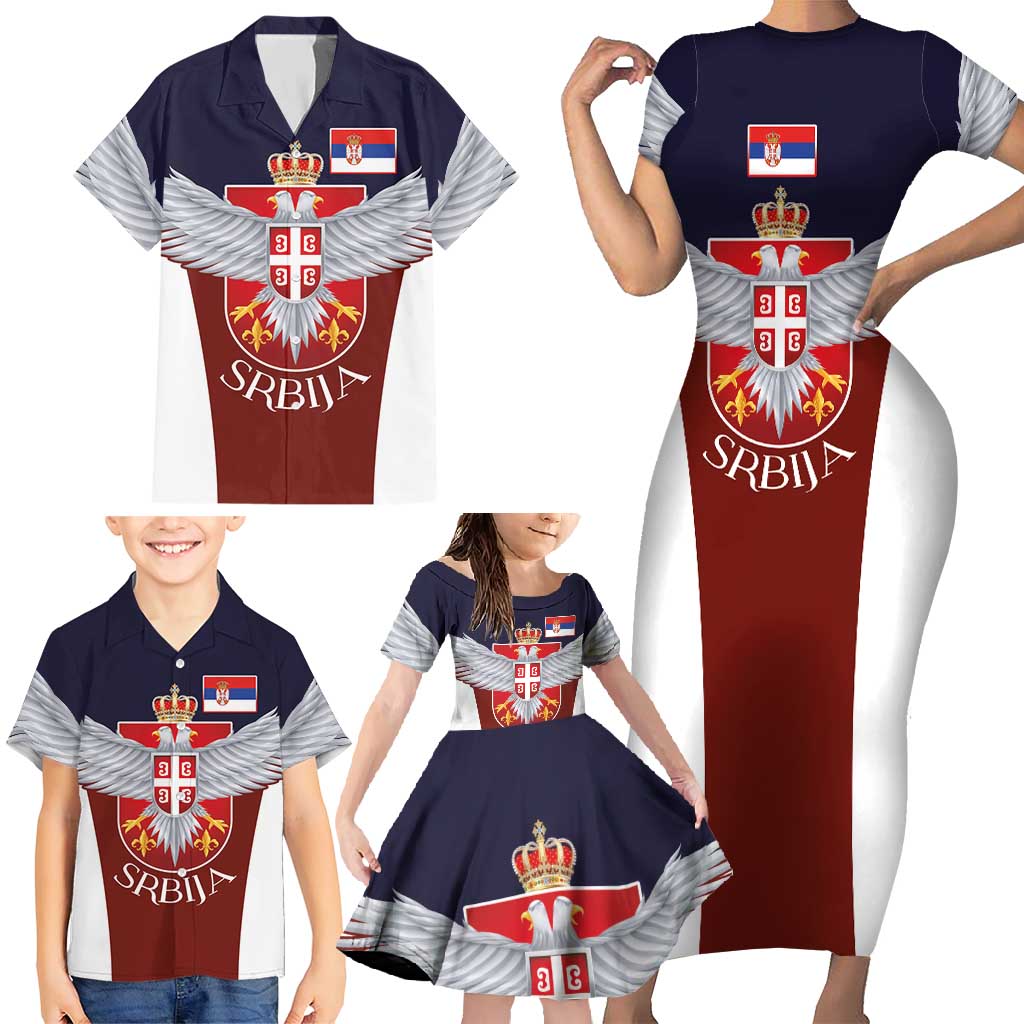 Serbia Family Matching Short Sleeve Bodycon Dress and Hawaiian Shirt Double Headed Eage Emblem Sporty - Wonder Print Shop