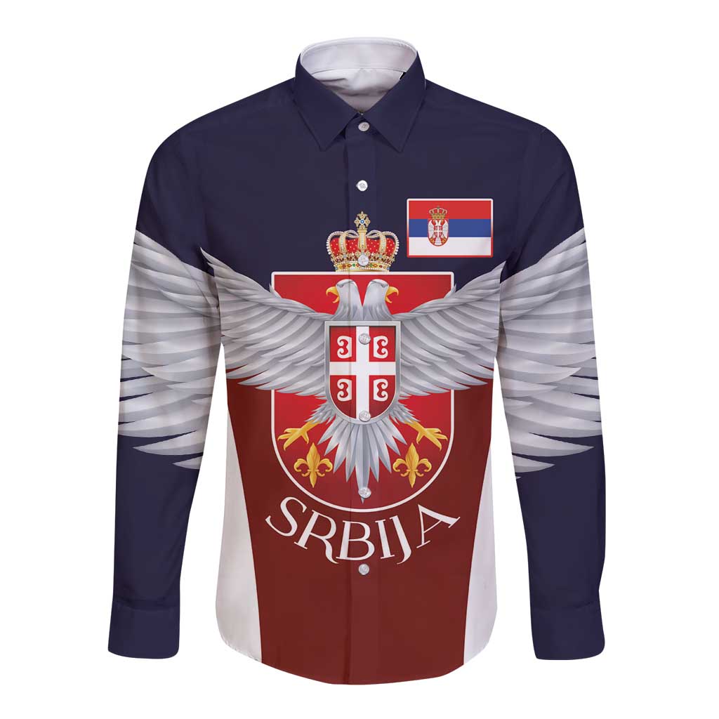 Serbia Long Sleeve Button Shirt Double Headed Eage Emblem Sporty - Wonder Print Shop