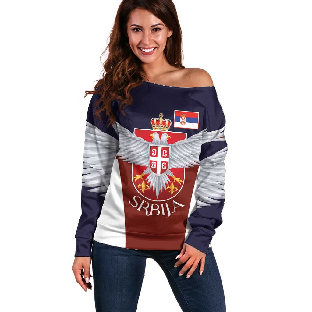 Serbia Off Shoulder Sweater Double Headed Eage Emblem Sporty - Wonder Print Shop