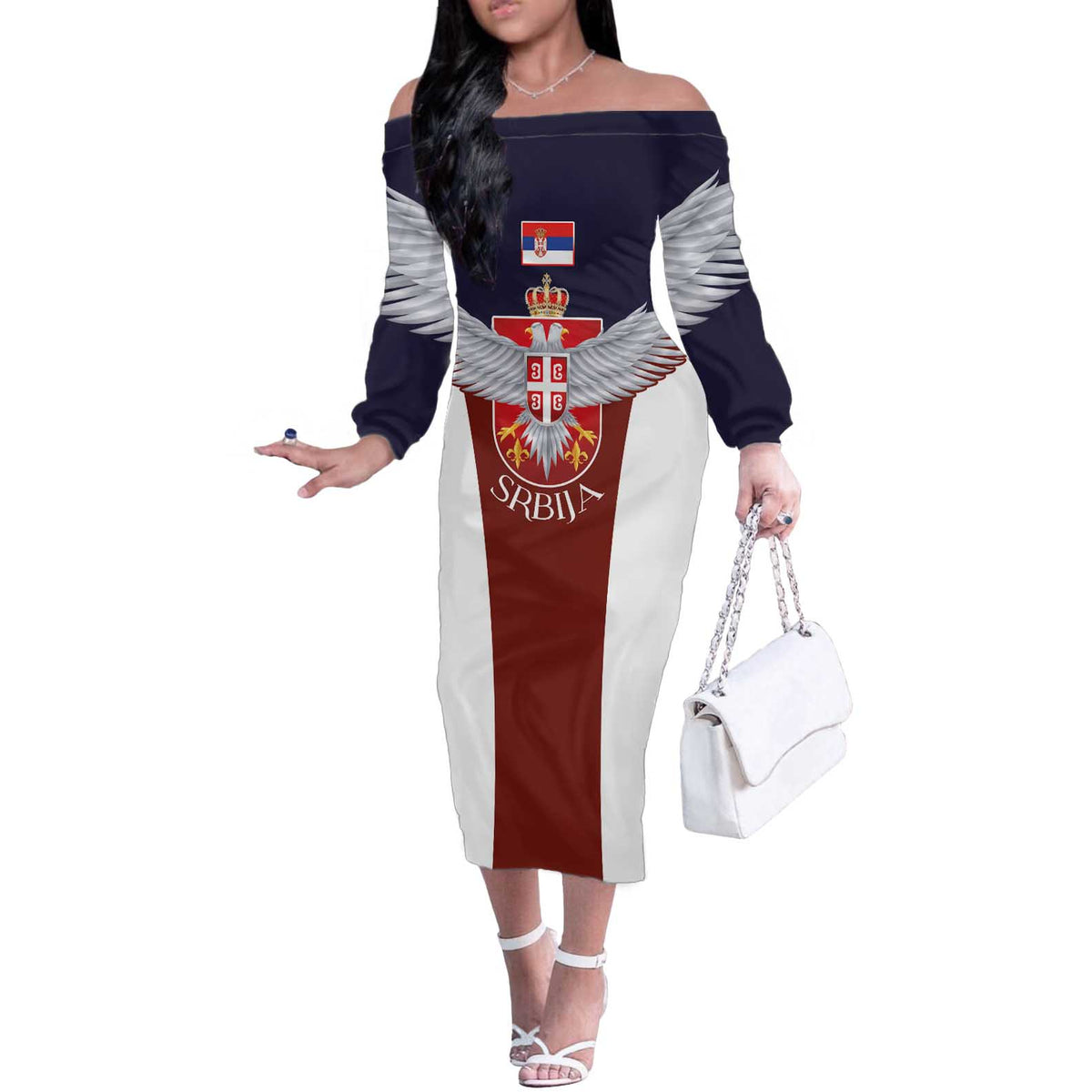 Serbia Off The Shoulder Long Sleeve Dress Double Headed Eage Emblem Sporty - Wonder Print Shop