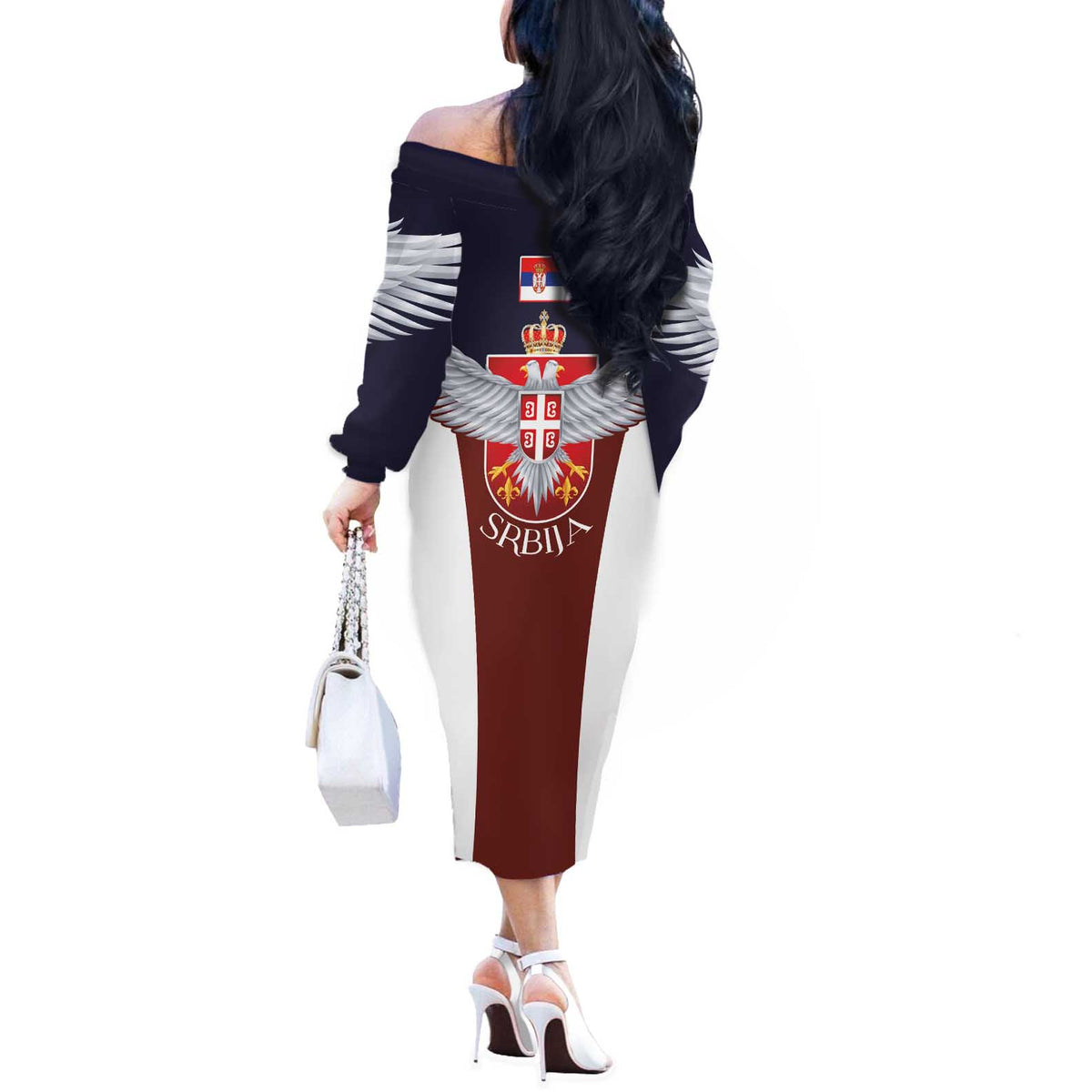 Serbia Off The Shoulder Long Sleeve Dress Double Headed Eage Emblem Sporty - Wonder Print Shop