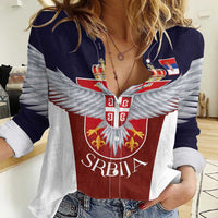 Serbia Women Casual Shirt Double Headed Eage Emblem Sporty - Wonder Print Shop