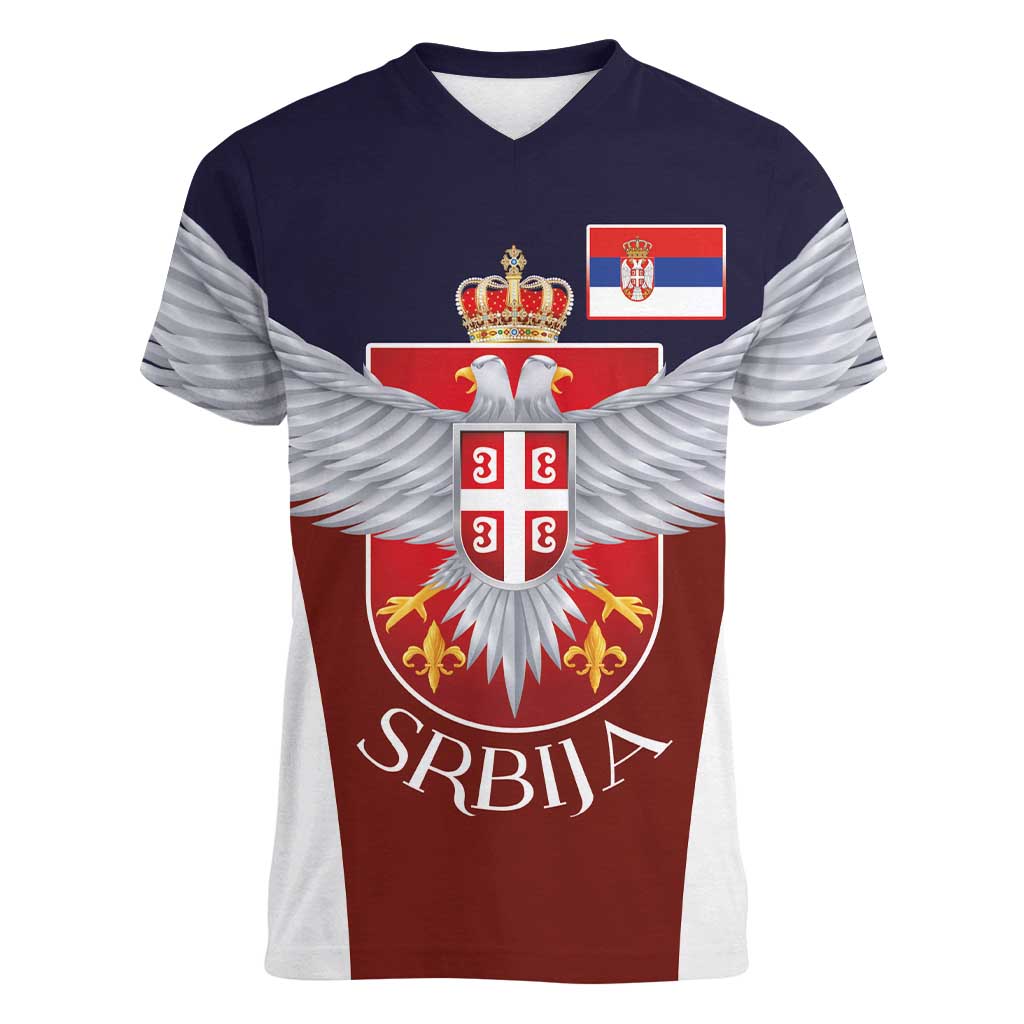 Serbia Women V-Neck T-Shirt Double Headed Eage Emblem Sporty - Wonder Print Shop