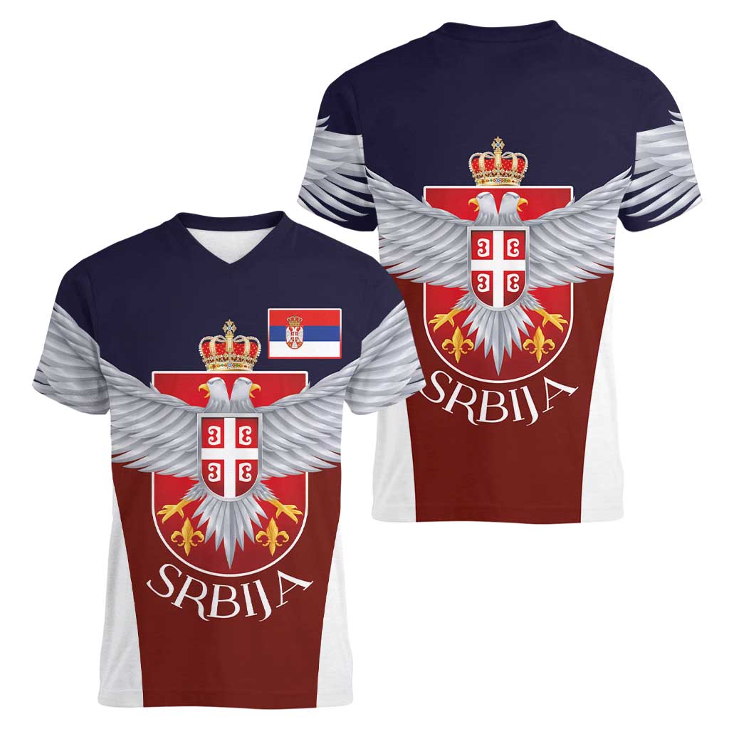 Serbia Women V-Neck T-Shirt Double Headed Eage Emblem Sporty - Wonder Print Shop