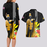 Hawaii King Kamehameha Day Couples Matching Long Sleeve Bodycon Dress and Hawaiian Shirt Kanaka Maoli Hibiscus Flower and Kakau Pattern - Wonder Print Shop