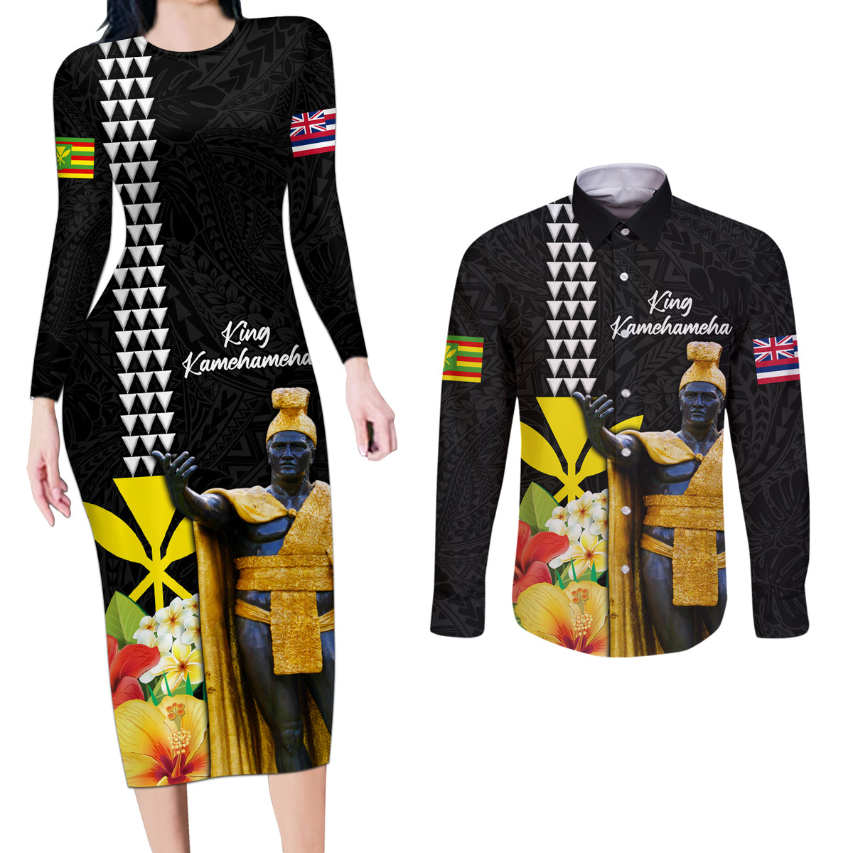Hawaii King Kamehameha Day Couples Matching Long Sleeve Bodycon Dress and Long Sleeve Button Shirt Kanaka Maoli Hibiscus Flower and Kakau Pattern - Wonder Print Shop