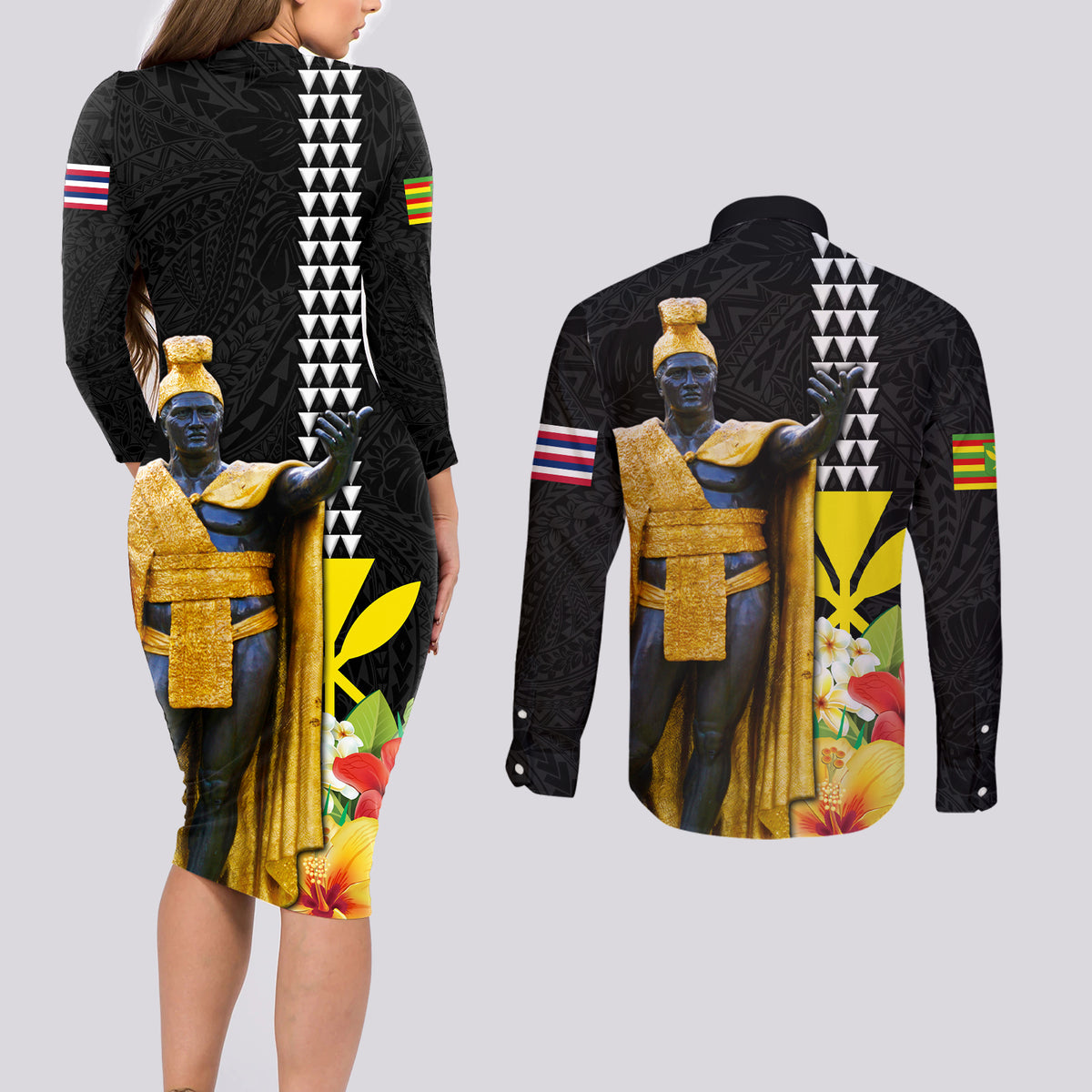 Hawaii King Kamehameha Day Couples Matching Long Sleeve Bodycon Dress and Long Sleeve Button Shirt Kanaka Maoli Hibiscus Flower and Kakau Pattern - Wonder Print Shop