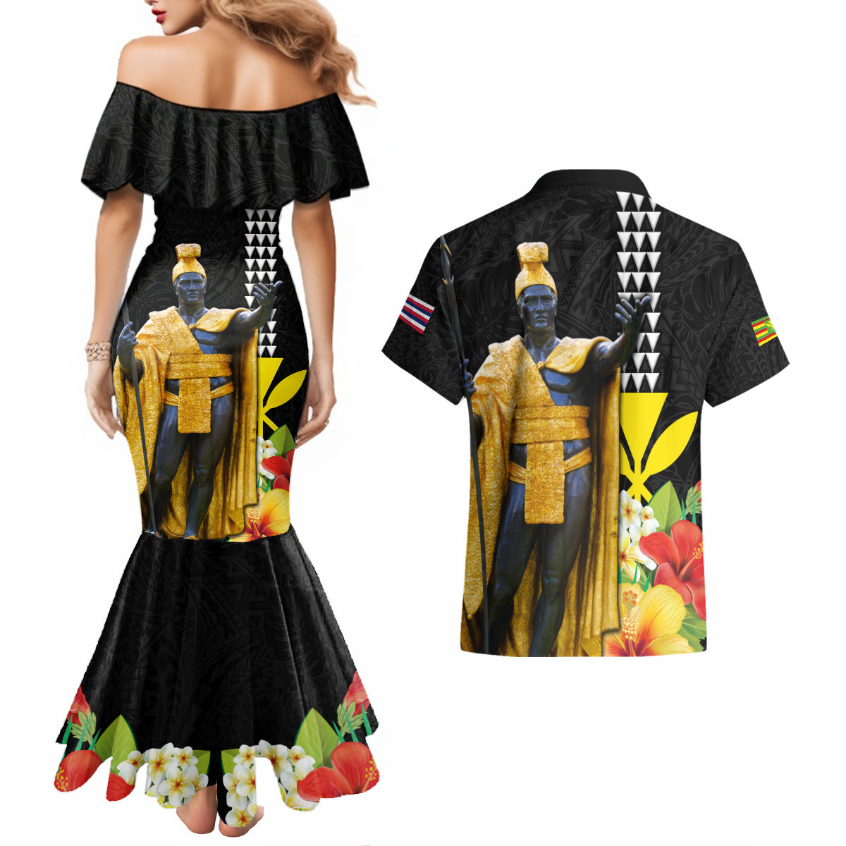 Hawaii King Kamehameha Day Couples Matching Mermaid Dress and Hawaiian Shirt Kanaka Maoli Hibiscus Flower and Kakau Pattern - Wonder Print Shop