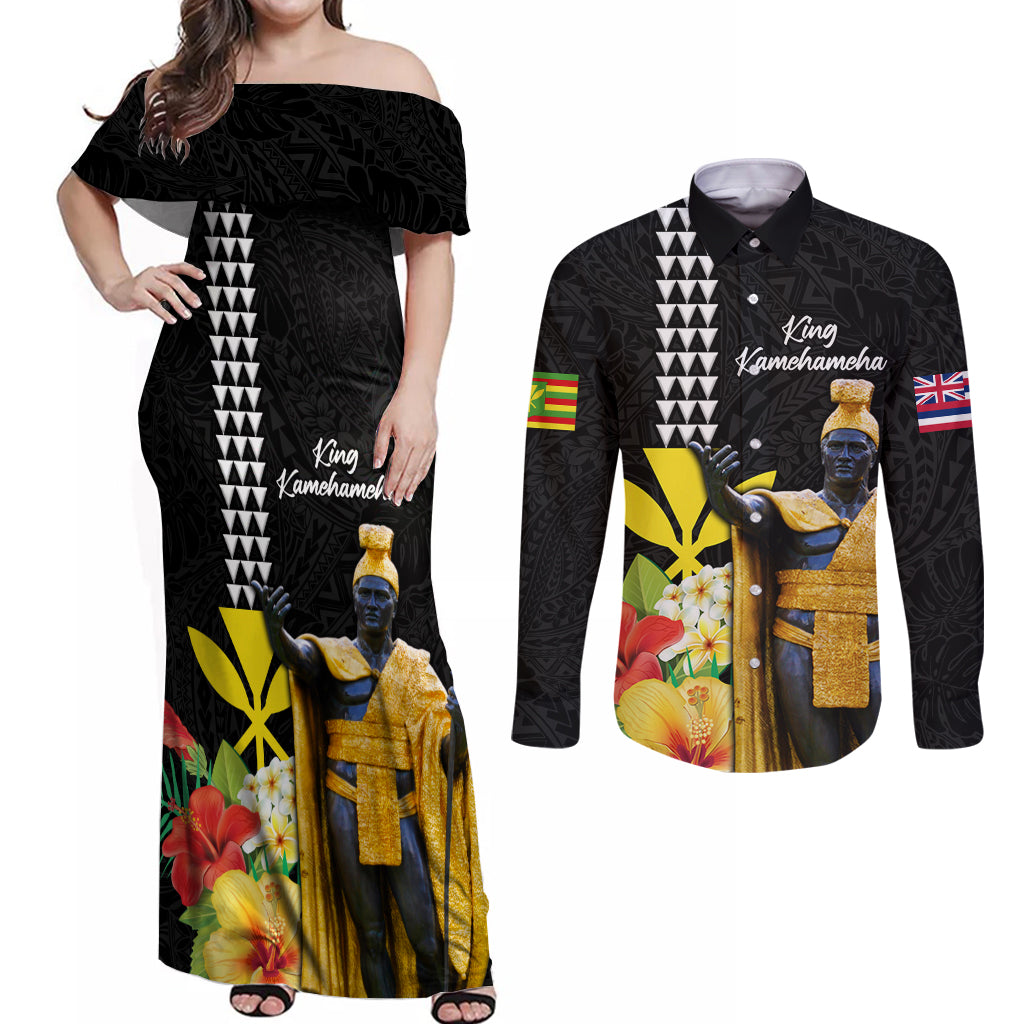 Hawaii King Kamehameha Day Couples Matching Off Shoulder Maxi Dress and Long Sleeve Button Shirt Kanaka Maoli Hibiscus Flower and Kakau Pattern - Wonder Print Shop
