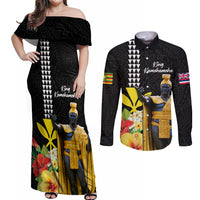 Hawaii King Kamehameha Day Couples Matching Off Shoulder Maxi Dress and Long Sleeve Button Shirt Kanaka Maoli Hibiscus Flower and Kakau Pattern - Wonder Print Shop