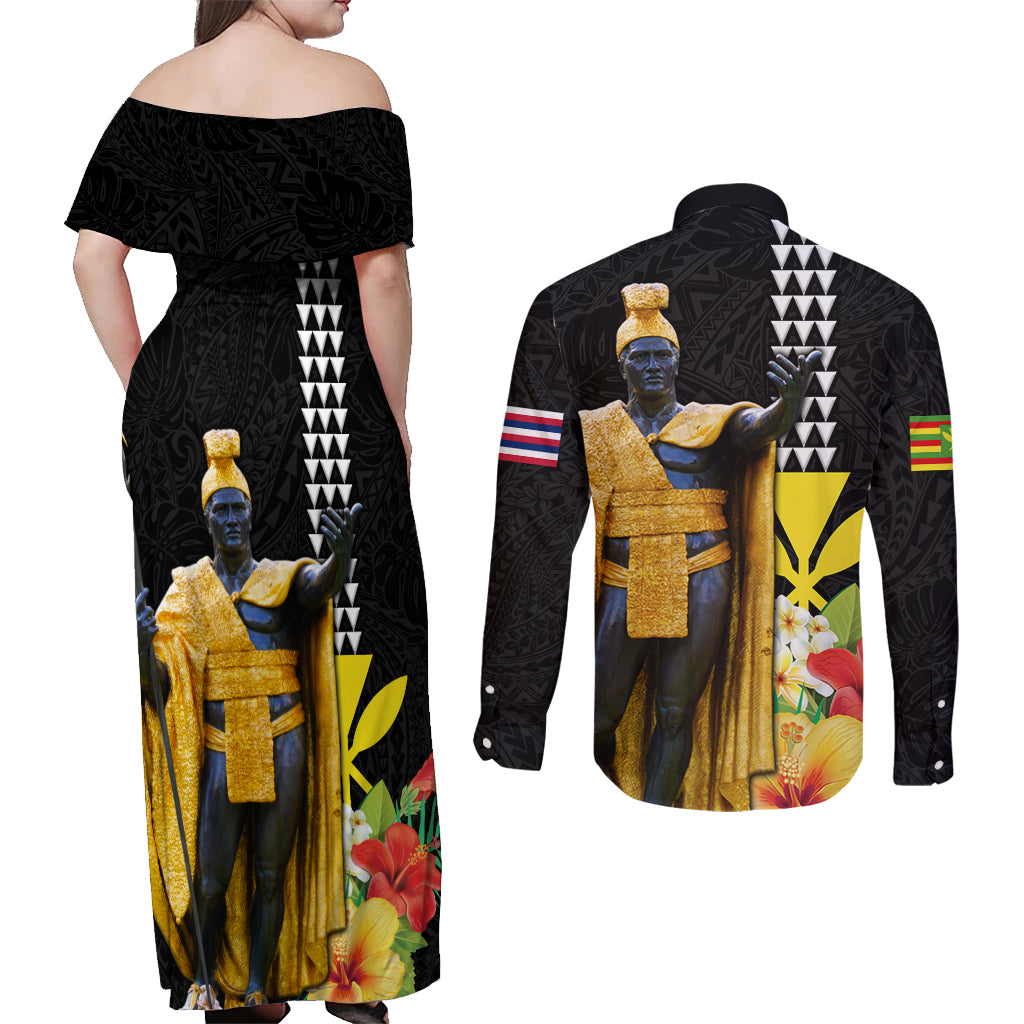 Hawaii King Kamehameha Day Couples Matching Off Shoulder Maxi Dress and Long Sleeve Button Shirt Kanaka Maoli Hibiscus Flower and Kakau Pattern - Wonder Print Shop