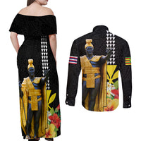 Hawaii King Kamehameha Day Couples Matching Off Shoulder Maxi Dress and Long Sleeve Button Shirt Kanaka Maoli Hibiscus Flower and Kakau Pattern - Wonder Print Shop