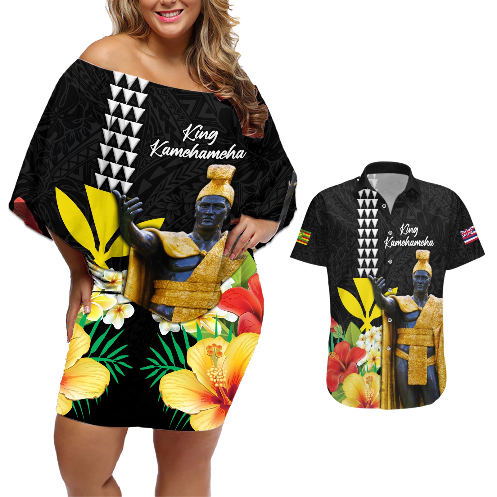 Hawaii King Kamehameha Day Couples Matching Off Shoulder Short Dress and Hawaiian Shirt Kanaka Maoli Hibiscus Flower and Kakau Pattern - Wonder Print Shop