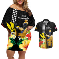 Hawaii King Kamehameha Day Couples Matching Off Shoulder Short Dress and Hawaiian Shirt Kanaka Maoli Hibiscus Flower and Kakau Pattern - Wonder Print Shop