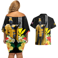 Hawaii King Kamehameha Day Couples Matching Off Shoulder Short Dress and Hawaiian Shirt Kanaka Maoli Hibiscus Flower and Kakau Pattern - Wonder Print Shop
