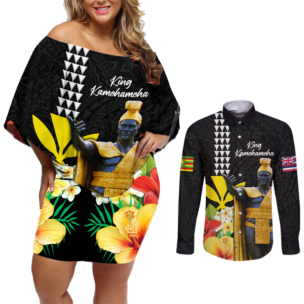 Hawaii King Kamehameha Day Couples Matching Off Shoulder Short Dress and Long Sleeve Button Shirt Kanaka Maoli Hibiscus Flower and Kakau Pattern - Wonder Print Shop