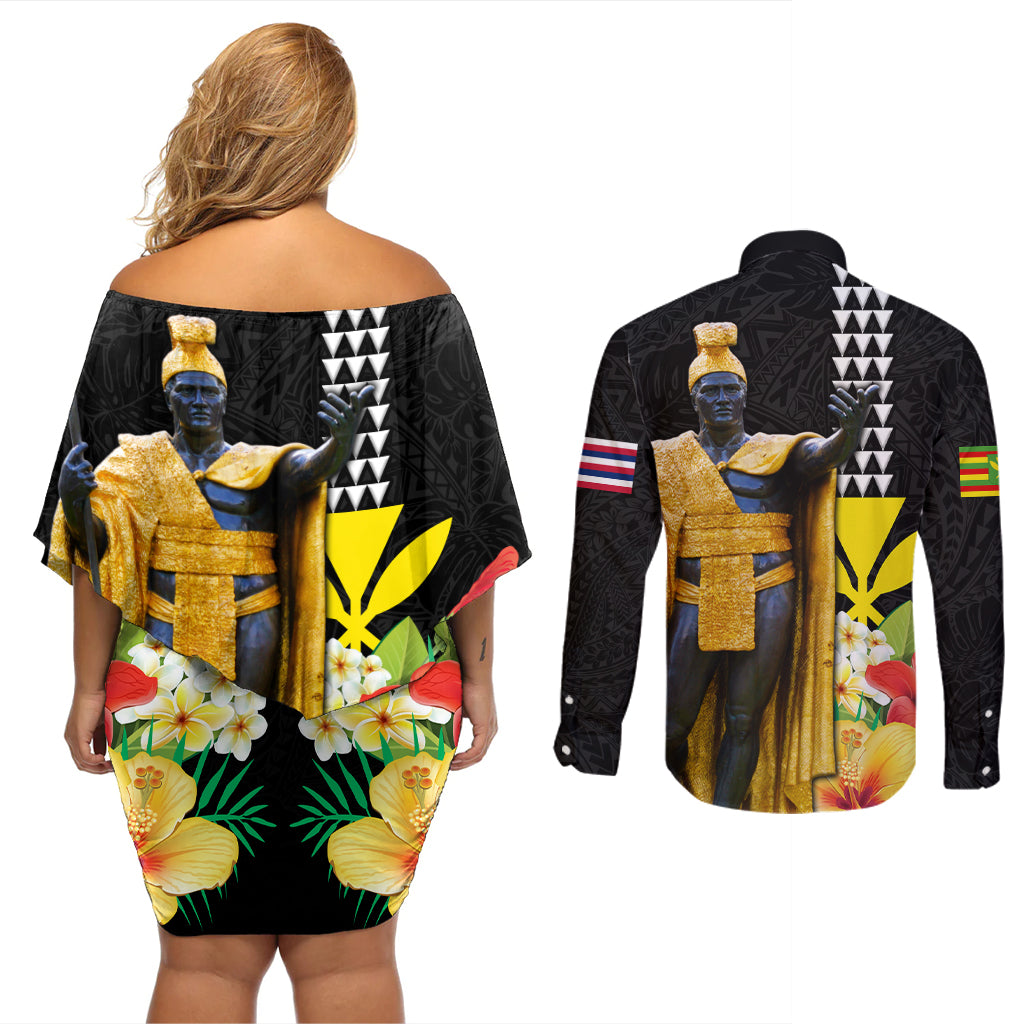 Hawaii King Kamehameha Day Couples Matching Off Shoulder Short Dress and Long Sleeve Button Shirt Kanaka Maoli Hibiscus Flower and Kakau Pattern - Wonder Print Shop