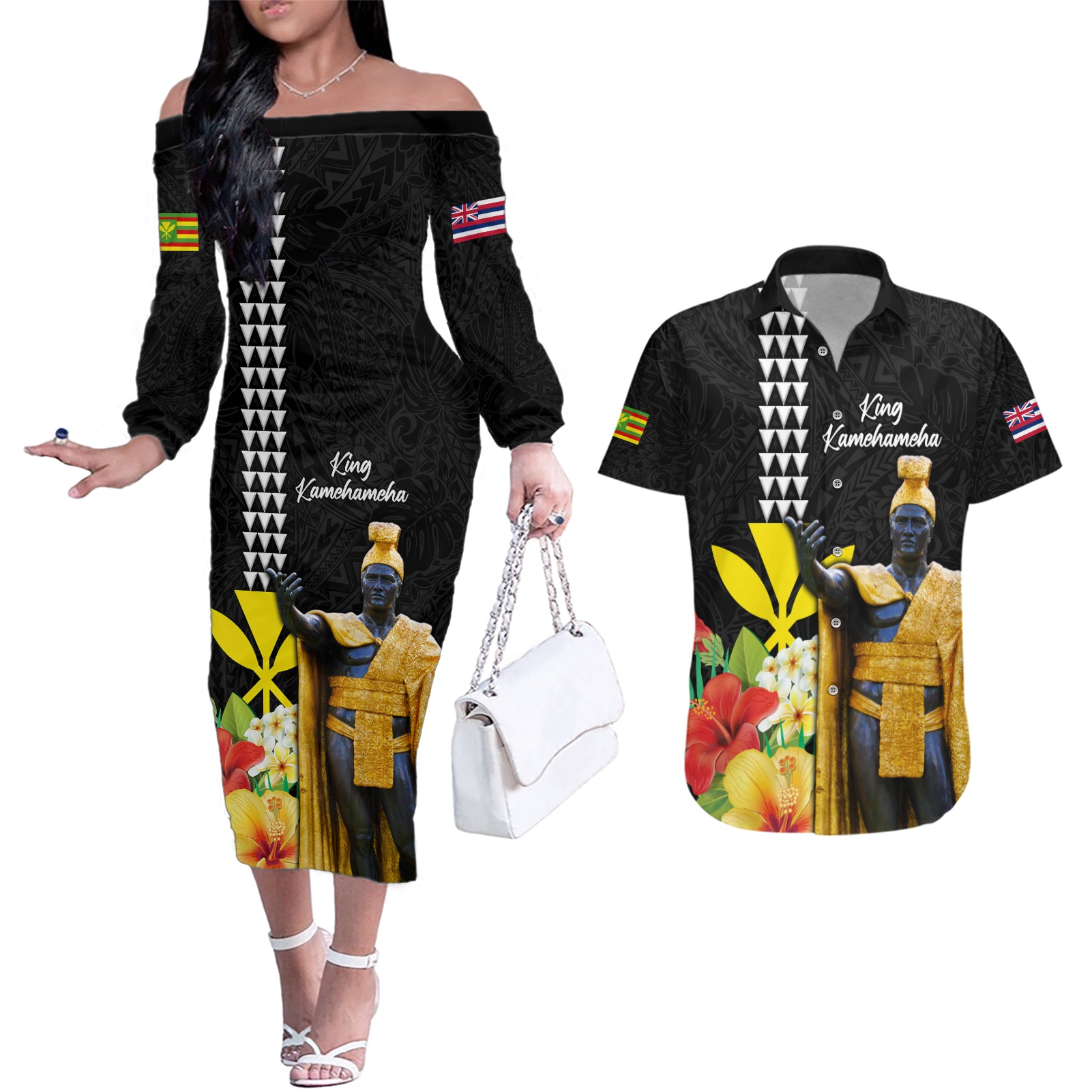Hawaii King Kamehameha Day Couples Matching Off The Shoulder Long Sleeve Dress and Hawaiian Shirt Kanaka Maoli Hibiscus Flower and Kakau Pattern - Wonder Print Shop